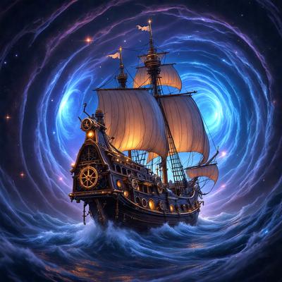 The primary subject of the image is a large sailing ship, which is the main focus of the scene. The ship is floating on a body of water, which serves as the setting or background. The visual style of the image is digital art, as it is a detailed and intricate illustration of the sailing ship. The colors and mood of the image are predominantly blue and purple, creating a serene and calming atmosphere.